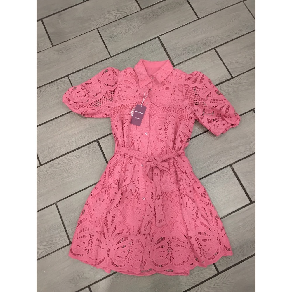 Loveimgs Pink Guipure Lace Mini Shirt Dress Puff Sleeve Belted NWT Size M